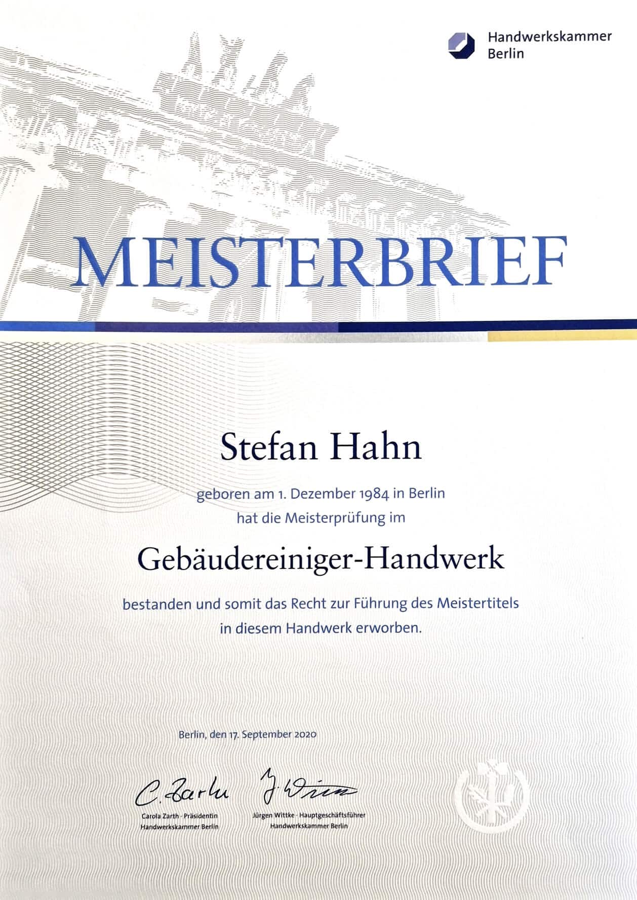 Stefan Hahn Meisterbrief
