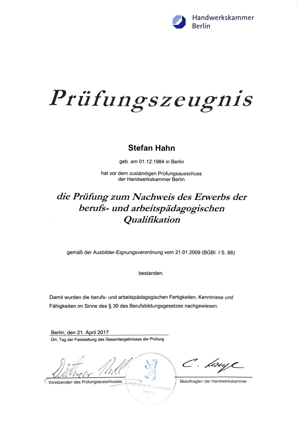 Stefan Hahn - Prüfungszeugnis Handwerkskammer Berlin