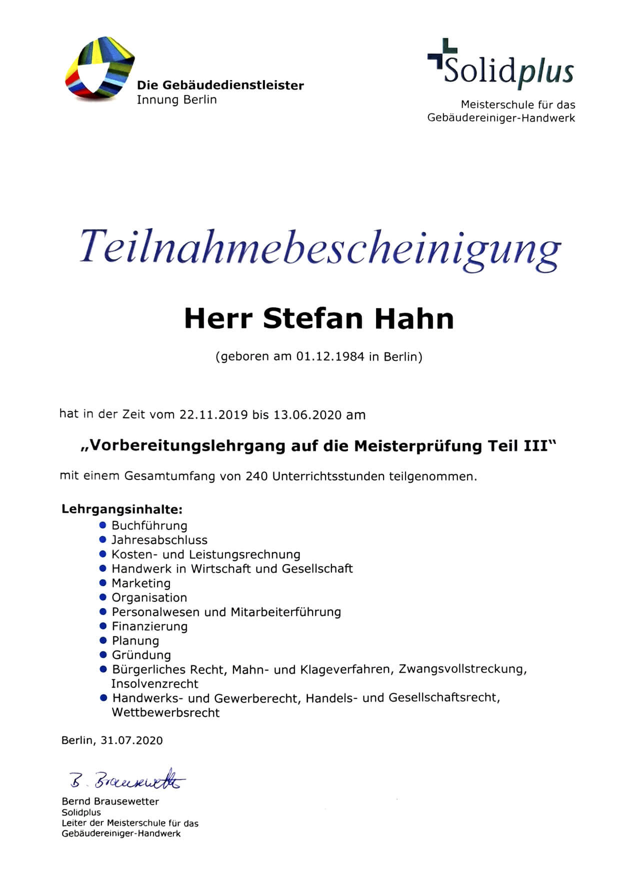 Stefan Hahn - Solid Plus Teilnahmebescheinigung