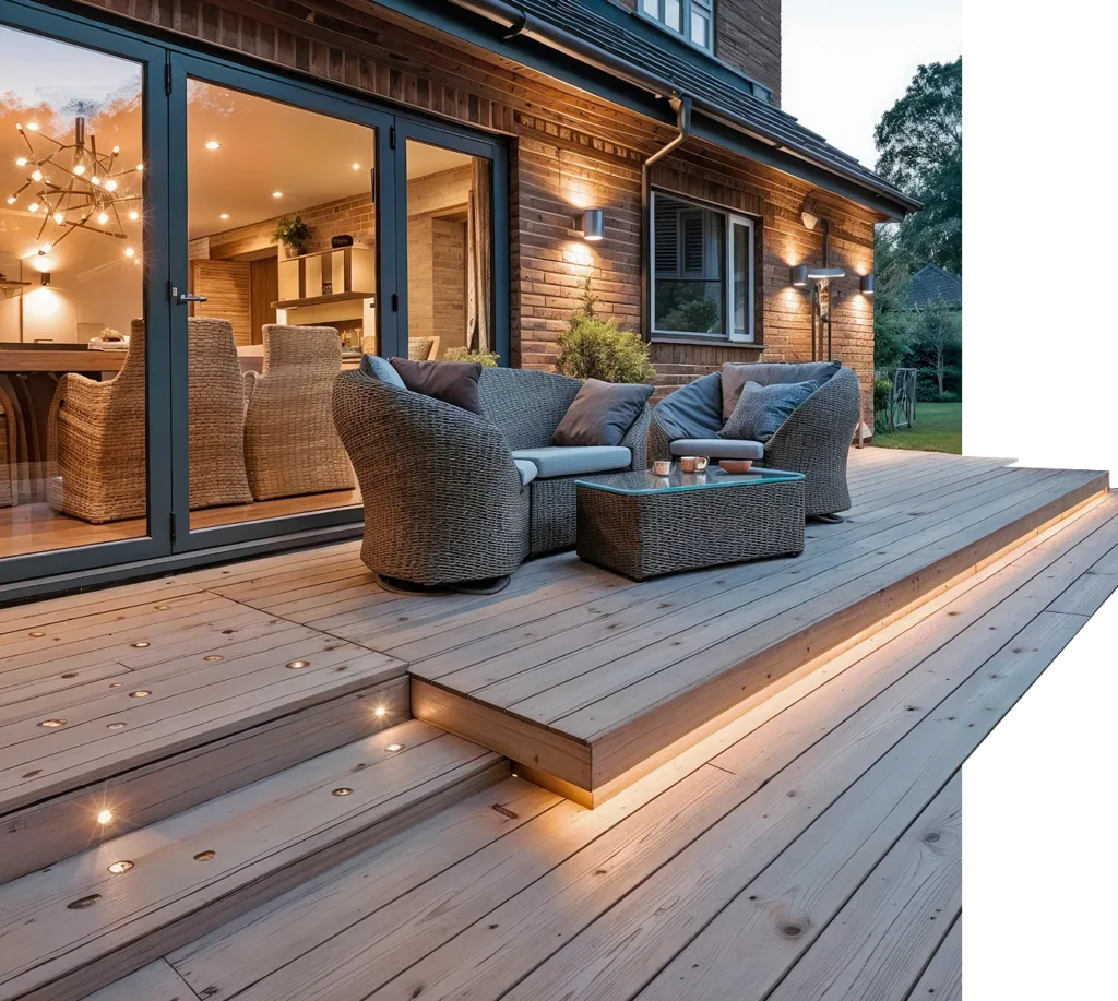 Gepflegte Holzterrasse mit Loungemöbeln am Privathaus in der Abenddämmerung