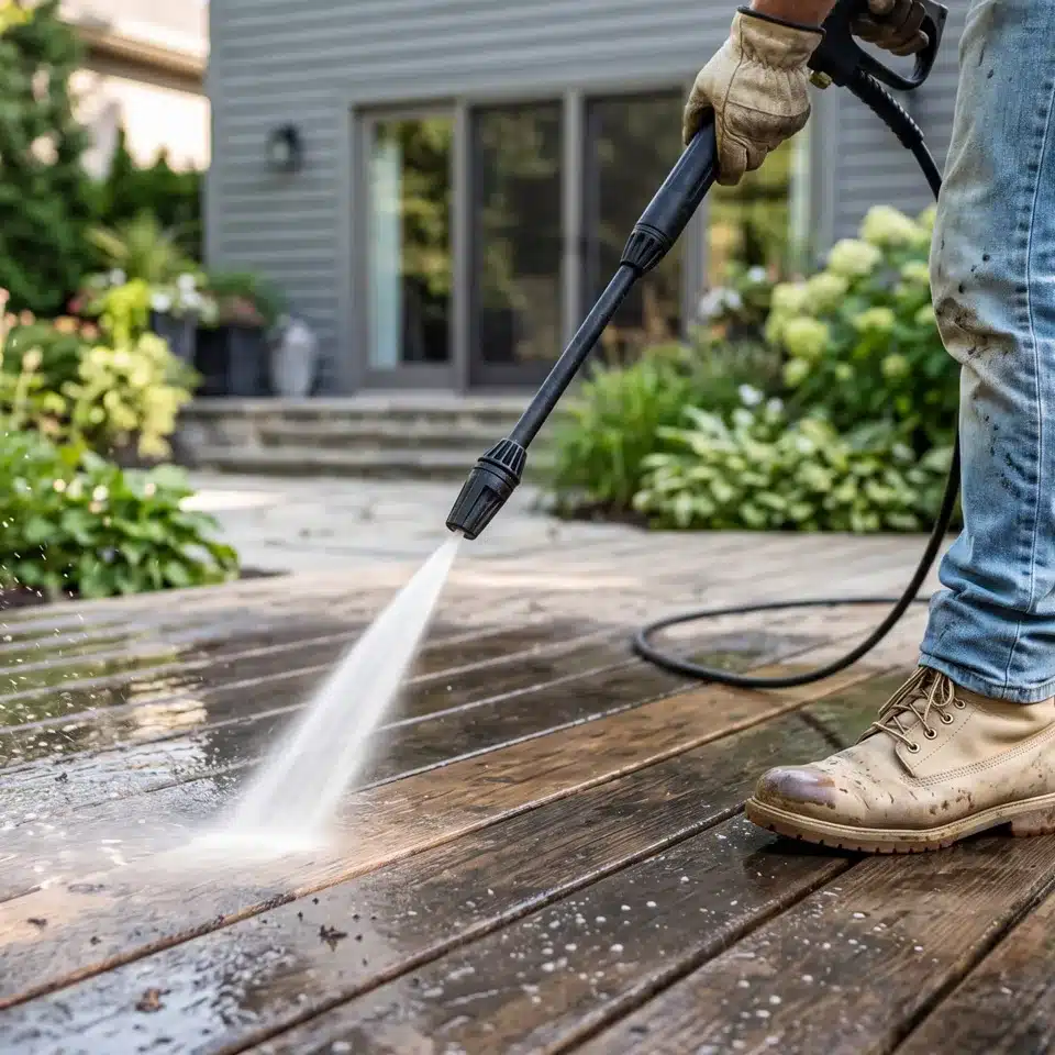 Holzterrasse wird materialgerecht mit Wasserstrahl von Schmutz befreit