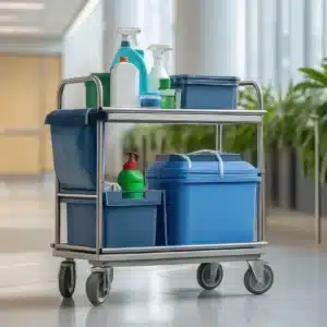 Reinigungswagen mit Pflegemitteln für den Oberflächenschutz von Linoleumböden