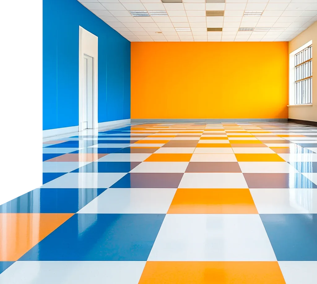 Farbig gestalteter Linoleumboden in öffentlicher Einrichtung mit blauen und orangen Flächen