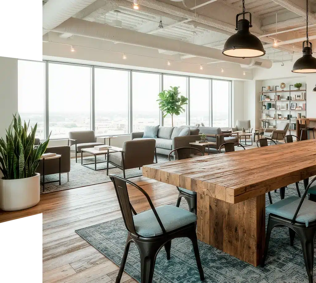 Geölter Holzboden in hellem Büro mit Loungebereich und Besprechungstisch